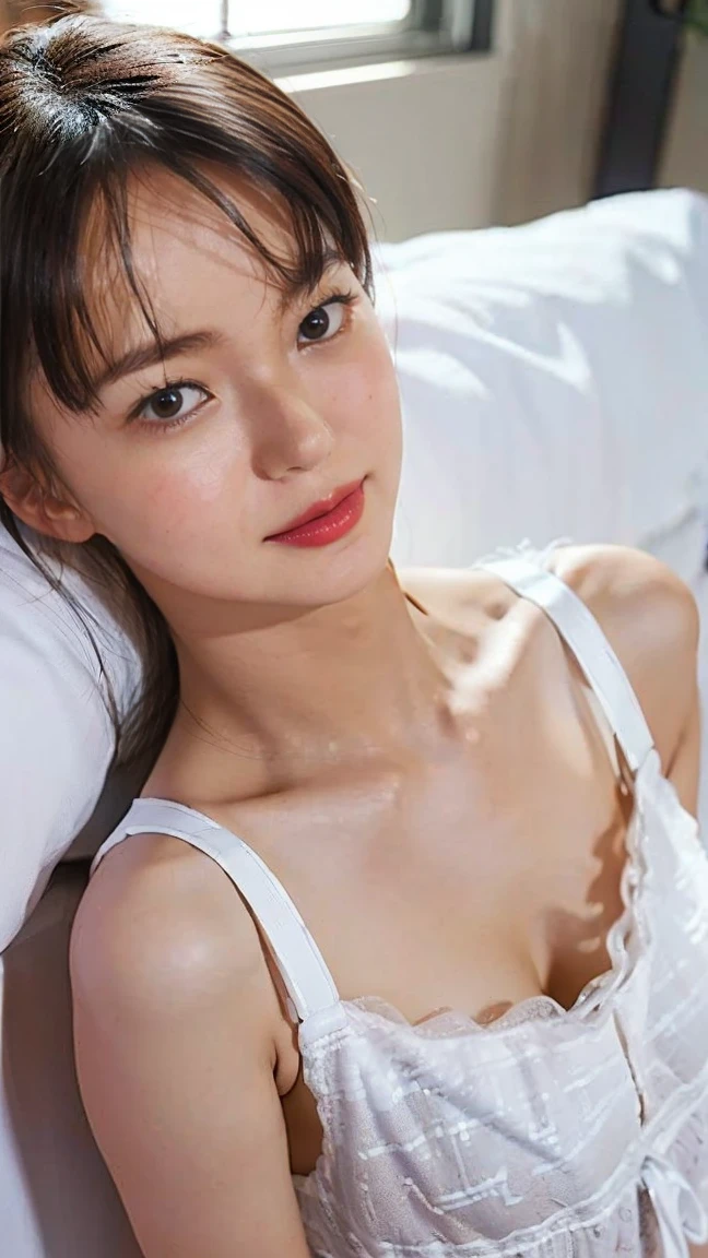 (8k、RAW Photos、highest quality、masterpiece:1.2)、(Realistic、Realistic)、1 Japanese girl、30years old、(Short hair)、((Black Hair))、((White Lingerie))、((Petite Woman))、(((Small Breasts)))、Lots of eyelashes、Glowing eyelids、skeletally correct