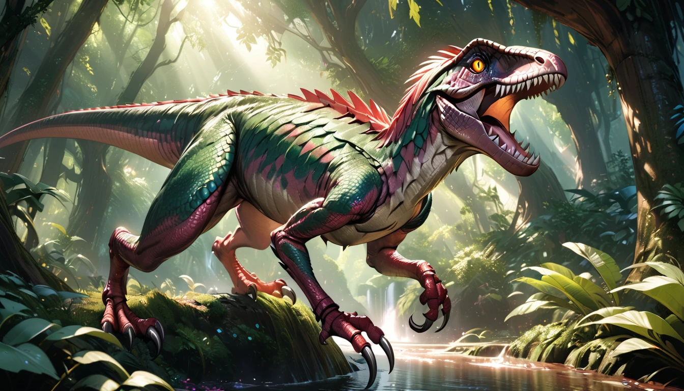 cute pink Atrociraptor, 1 pink dinosaur, mythological creature, fantasy art, detailed scales, sharp teeth, claws, spikes, vibrant colors, glowing eyes, dynamic pose, natural environment, lush foliage, sunlight, photorealistic, 8k, high resolution, intricate details, digital painting, concept art