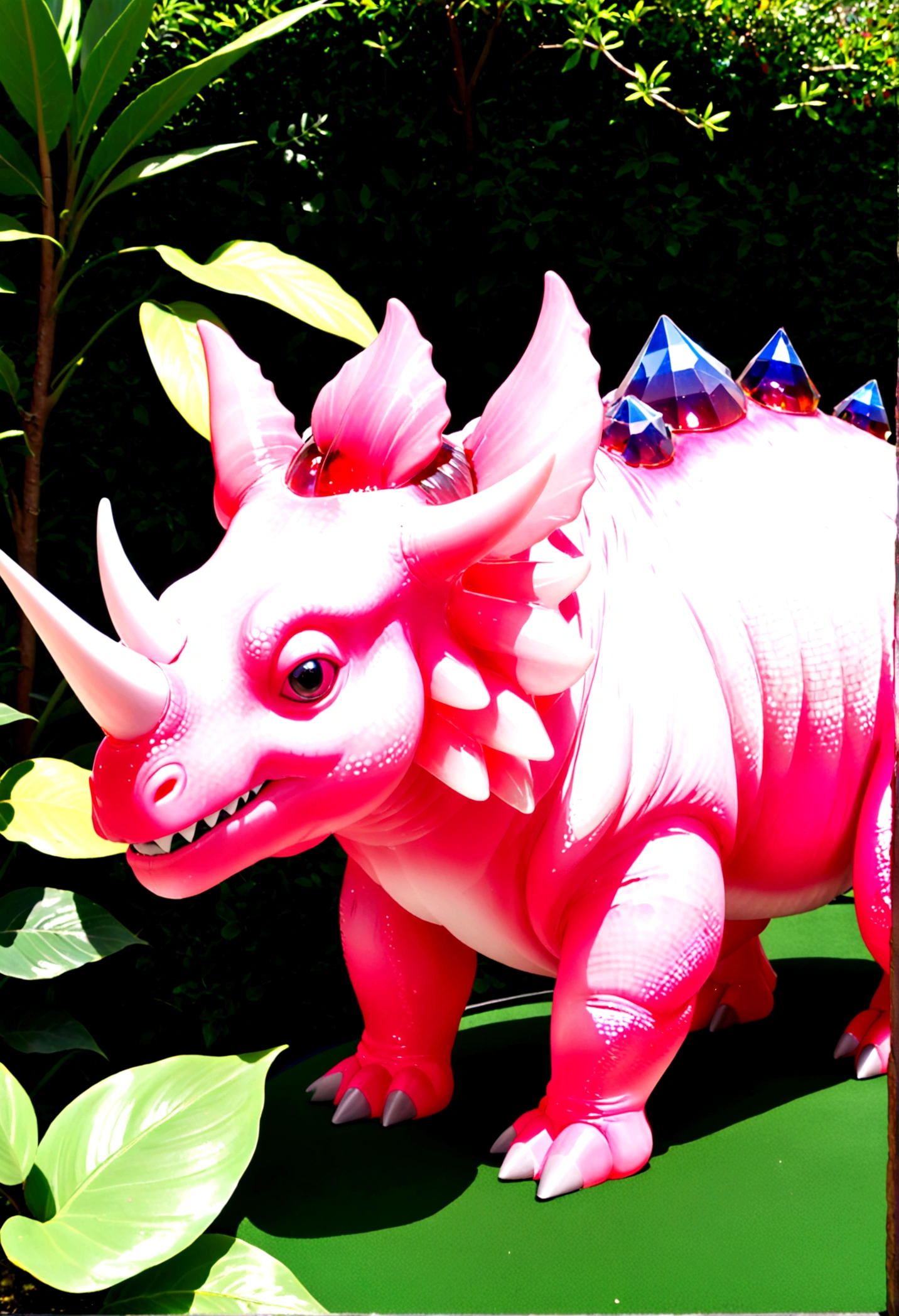 a crystal and glass triceratops sculpture, stunning crystal and glass triceratops ornament in a flower garden, beautiful pink crystal triceratops, highly detailed crystal and glass triceratops figurine, intricate crystal and glass triceratops sculpture in a lush garden, photorealistic crystal and glass triceratops ornament, hyper detailed pink crystal and glass triceratops, masterful crystal and glass triceratops art piece, stunningly realistic crystal and glass triceratops statue, exquisite pink crystal and glass triceratops ornament in a flower garden
