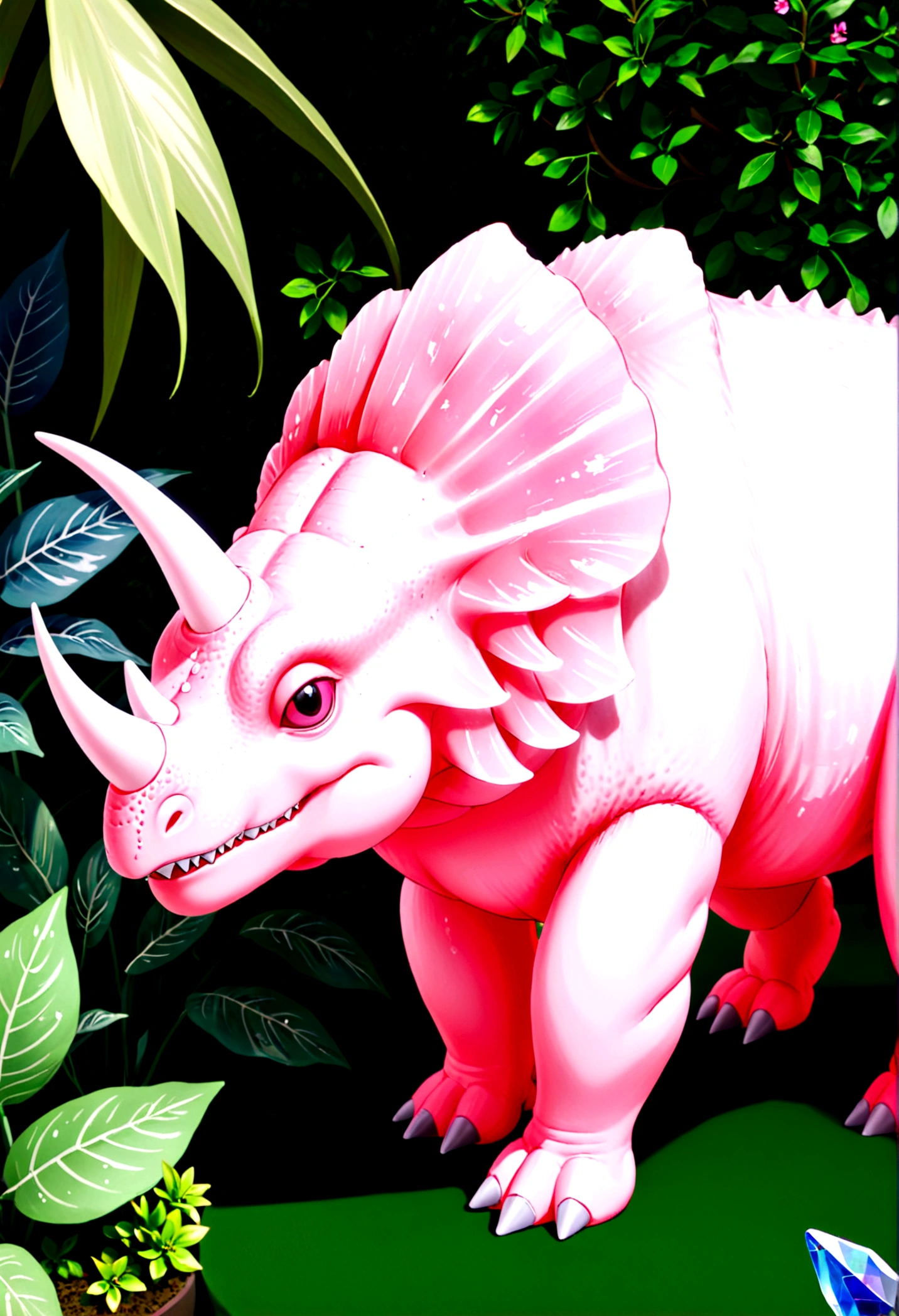 a crystal and glass triceratops sculpture, stunning crystal and glass triceratops ornament in a flower garden, beautiful pink crystal triceratops, highly detailed crystal and glass triceratops figurine, intricate crystal and glass triceratops sculpture in a lush garden, photorealistic crystal and glass triceratops ornament, hyper detailed pink crystal and glass triceratops, masterful crystal and glass triceratops art piece, stunningly realistic crystal and glass triceratops statue, exquisite pink crystal and glass triceratops ornament in a flower garden