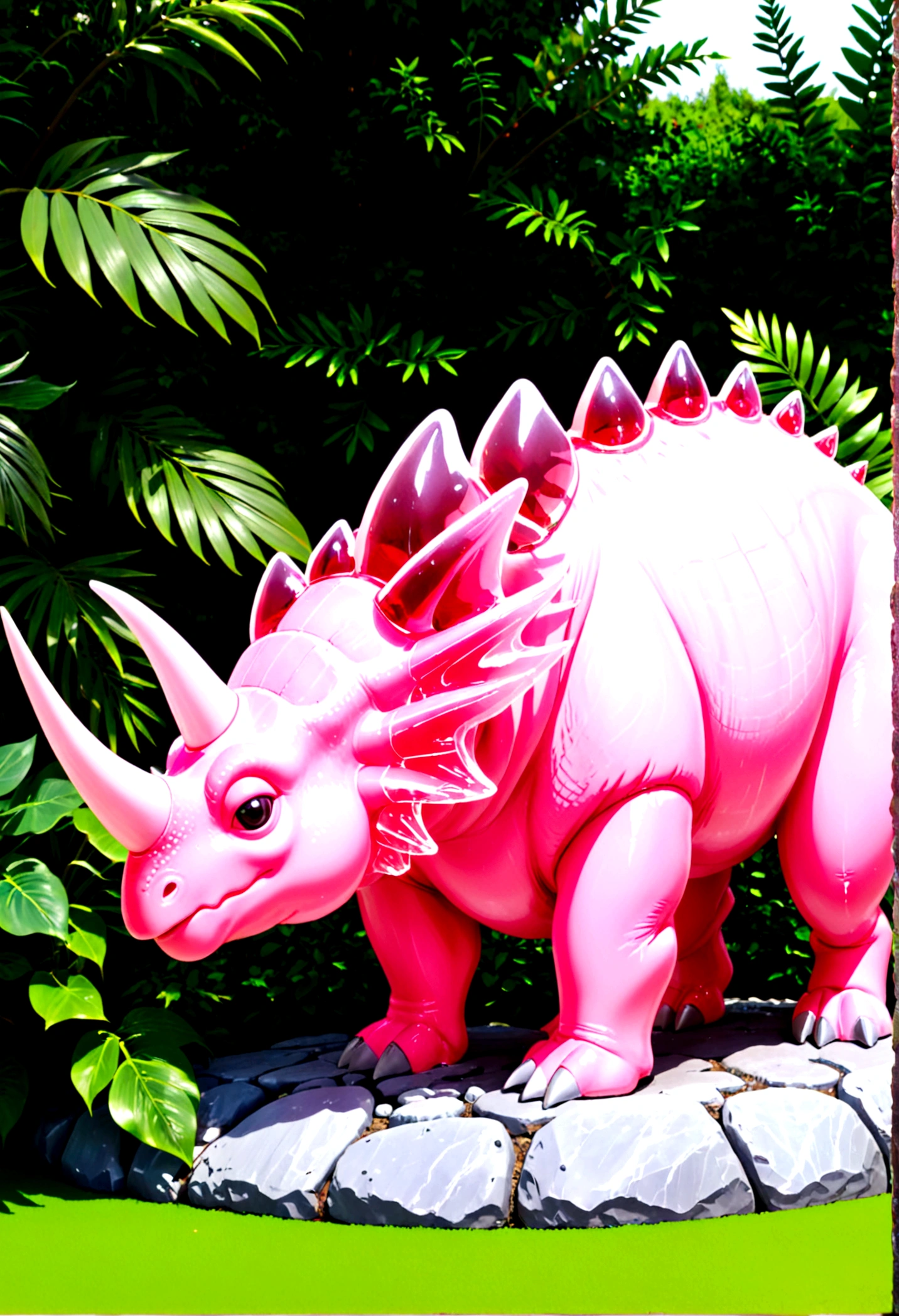 a crystal and glass triceratops sculpture, stunning crystal and glass triceratops ornament in a flower garden, beautiful pink crystal triceratops, highly detailed crystal and glass triceratops figurine, intricate crystal and glass triceratops sculpture in a lush garden, photorealistic crystal and glass triceratops ornament, hyper detailed pink crystal and glass triceratops, masterful crystal and glass triceratops art piece, stunningly realistic crystal and glass triceratops statue, exquisite pink crystal and glass triceratops ornament in a flower garden