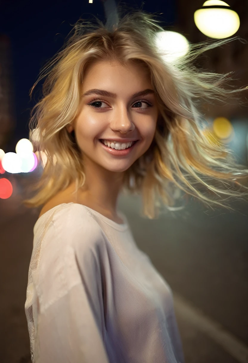 Cute blonde girl 19 years old, (((taking a selfie))), on the street, night, smiling, sexy hairstyle, sexy little blouse, (((hair in the face in the wind)))
