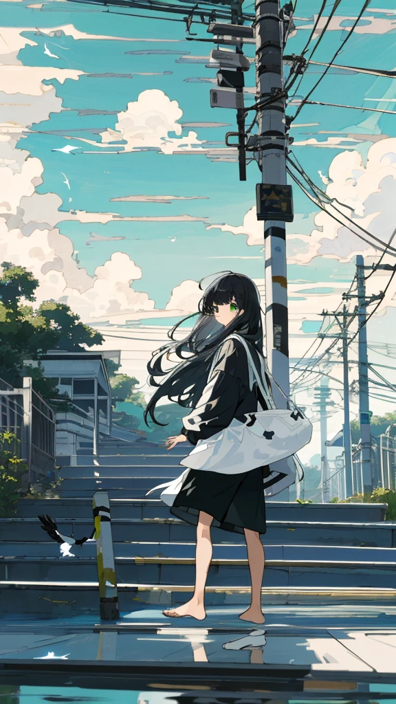 masterpiece, Exquisite detail,Highest quality, One girl, alone, handrail, cloud, 立ってnullを見上げている,Long Hair, shoes, null, Long sleeve, sneakers, Power lines, White footwear, Black Hair, View your viewers, Electric pole, bangs, cloudy null, fish, bird, Green Eyes, Shorts, animal, Day, Black Shirt, barefoot