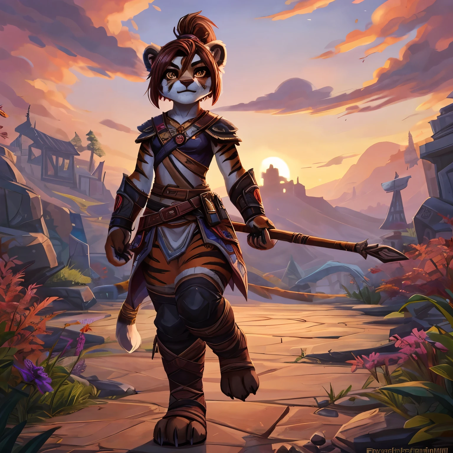 (4fingers), small_round_ears, small_panda_ears, pandaren, world_of_warcraft, furry, anthropomorphic, fluffy_tail, foxtail, cfemale, claws, red_panda, tiger_stripes, tiger_face, flat_chested, teen, , teen agegynous, amber_eyes, (pupils), (tiger_legs), black_left_foot, white_right_foot, (four_fingers), waist_long_ponytail, brown_hair, ((three_toes)), ((3toes)), ((detailed_eyes)), ((detailed_face)), detailed_hands, stormwind, white shirt, brown leather pants, dark leather boots, bo staff, staff fighting, training ground, solo character,