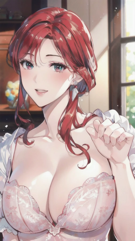 4K, detail,Red hair,Large Breasts, beautiful, beautiful face.(8K, Raw.photo, best quality, masterpiece:1.2), (realistically, photograph realistic: 1.4), Ultra-high resolution.photorealistic:.1.4,Ultra high quality，lipstick，Smile，Face red