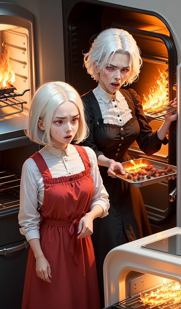 (Anime style:1.5), (highly detailed), (ung girl pushing the evil and creepy old woman with white hair and red eyes into the oven flames:1.7), (intense and dramatic scene:1.7), (flames and smoke billowing out), (dark and twisted interior of the candy house), (the evil and creepy old woman’s shocked face), (walls made of gingerbread and candy), (sweets and treats all around), (moment of triumph and tension)