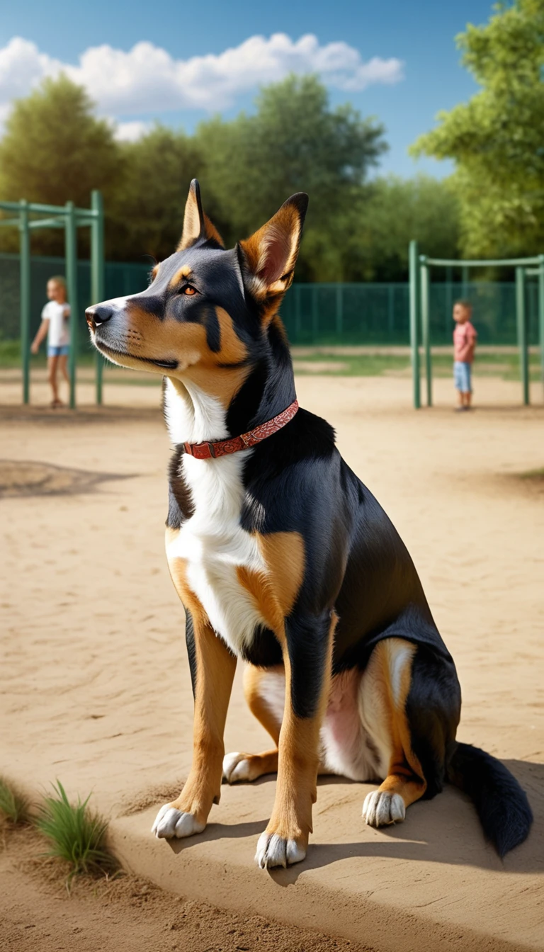 There is no one, realistic photo, photo realism, realism, Cubasia(Tornjak), perfect composition, intricate details, Very sharp, masterpiece, profile, high resolution, looking at the viewer, Full body photo in the dog park
