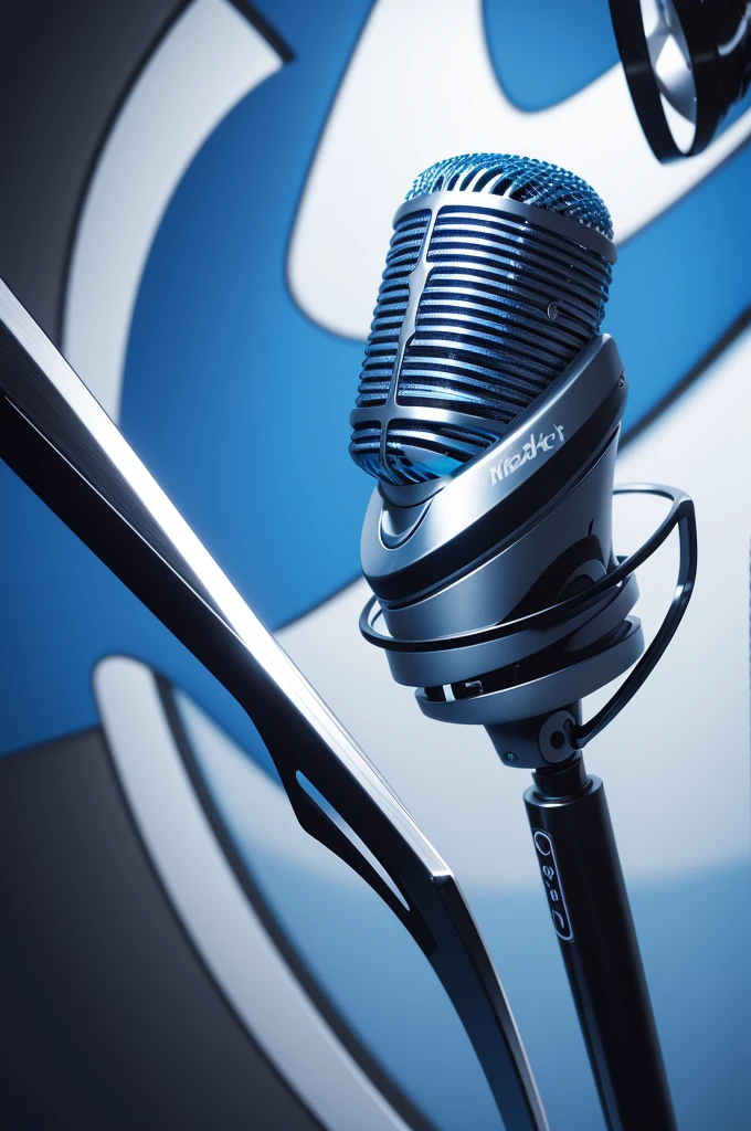 a logo where a stylized podcast microphone is centered. Next to the microphone, there are stylized scissors, as if cutting through a stylized sound wave that extends into the background. The color palette can be modern and attractive, with shades of blue, black and white to convey professionalism and modernity.