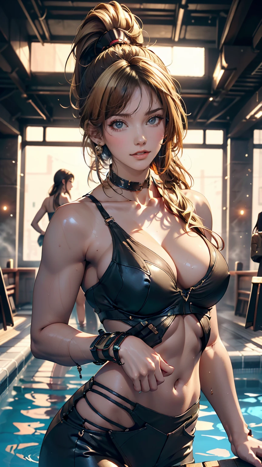 Two women hugging each other, Put your hands on your crotch, (One woman has green eyes, White skin, Long black hair, ponytail, choker, Small breasts, lipstick, compensate, eyeliner), (The other woman has blonde hair and brown eyes.), Wearing sexy neon clothes, In the pool, (Cyberpunk Theme), (masterpiece, Highest quality, 8K, Sharp focus, Depth of written boundary, Best Shadow, Perfect lighting, High resolution, Realistic skin texture, Highly detailed and detailed background),Sexy proportions、Sexy、Narrow waist、Wear waist jewelry、Wear accessories on your wrist
