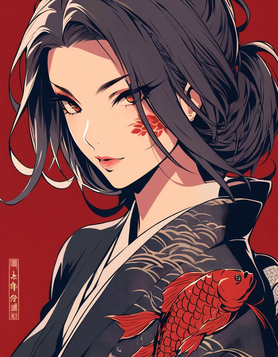 ultra-detailed:1.3, ultra delicate and detailed face:1.3, (absurdres, texture, masterpiece), pixiv contest winner, sumi-e, by Toshusai Sharaku, dynamic manga-style illustration of yakuza lady, Japanese Irezumi tattoo of carp on her shoulder to back, kimono, deep red background,