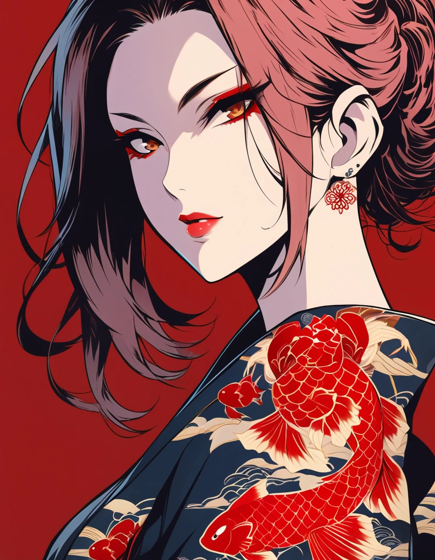 ultra-detailed:1.3, ultra delicate and detailed face:1.3, (absurdres, texture, masterpiece), pixiv contest winner, sumi-e, by Toshusai Sharaku, dynamic manga-style illustration of yakuza lady, Japanese Irezumi tattoo of carp on her shoulder to back, kimono, deep red background,