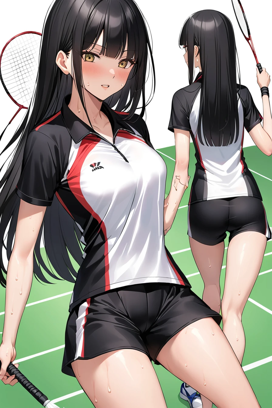 Black hair long straight Straight Hair Smooth and straight hair Straight bangs Badminton Wear Badminton match 体にぴったりのBadminton Wear Stained with sweat 乱れたBadminton Wear Sexy badminton wear