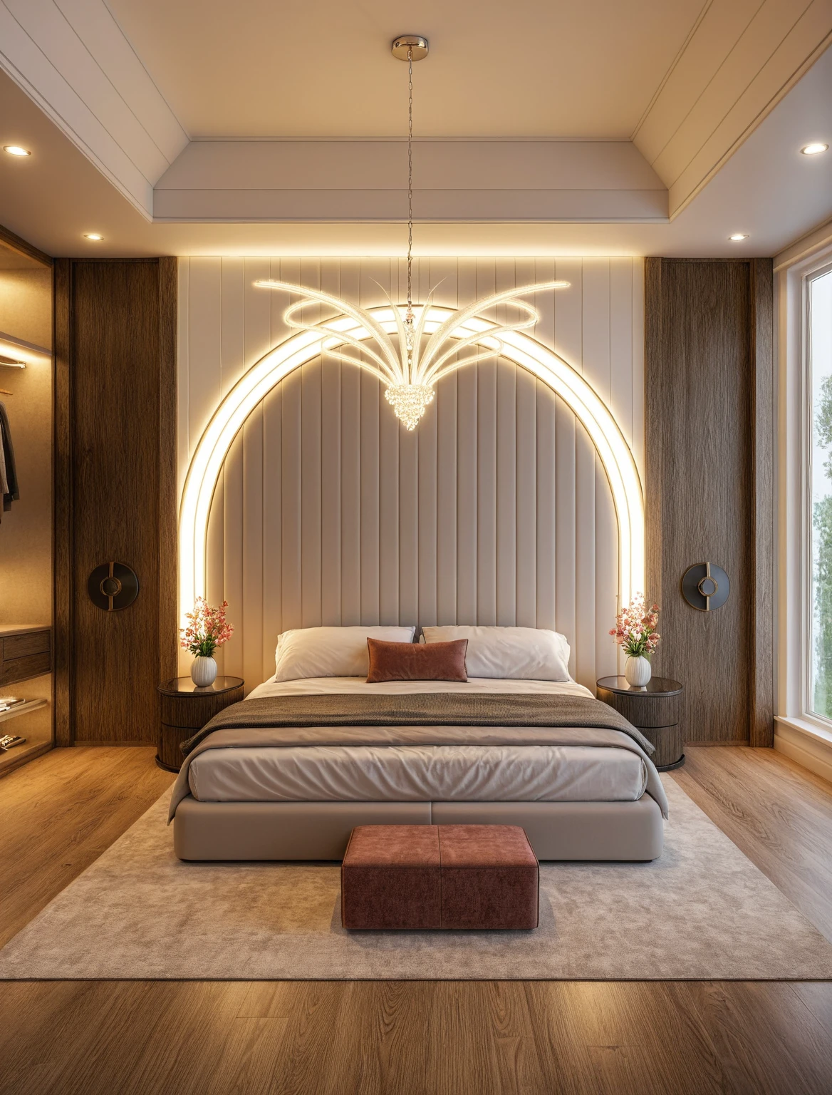Raw photo,Masterpiece, high quality, best quality, authentic, super detail, interior, ((girl's bedroom)), ( style modern luxury), sunset, day light, bed, carpet, curves, bedside cabinets, wood floor ,wardrobe, led, flower vase, butterfly chandelier , windows, downlight,