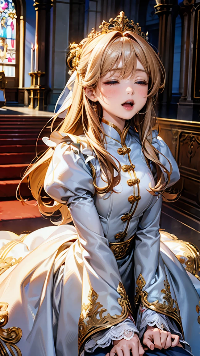 In front of the majestic church altar、(Blurred Background)、Bright light、golden long hair girl、classic white wedding dress、(Elegant luster)、(Lots of races)、Lots of ribbons、((Voluminous puff sleeves))、Long cuffs with lots of buttons、Gold embroidery、Long train、White embroidered gloves、Five Fingers、(Sexual climax), Redness on the cheeks, ((Cum in mouth:1.8, Close your mouth and eyes:1.6, 1boy penis)),