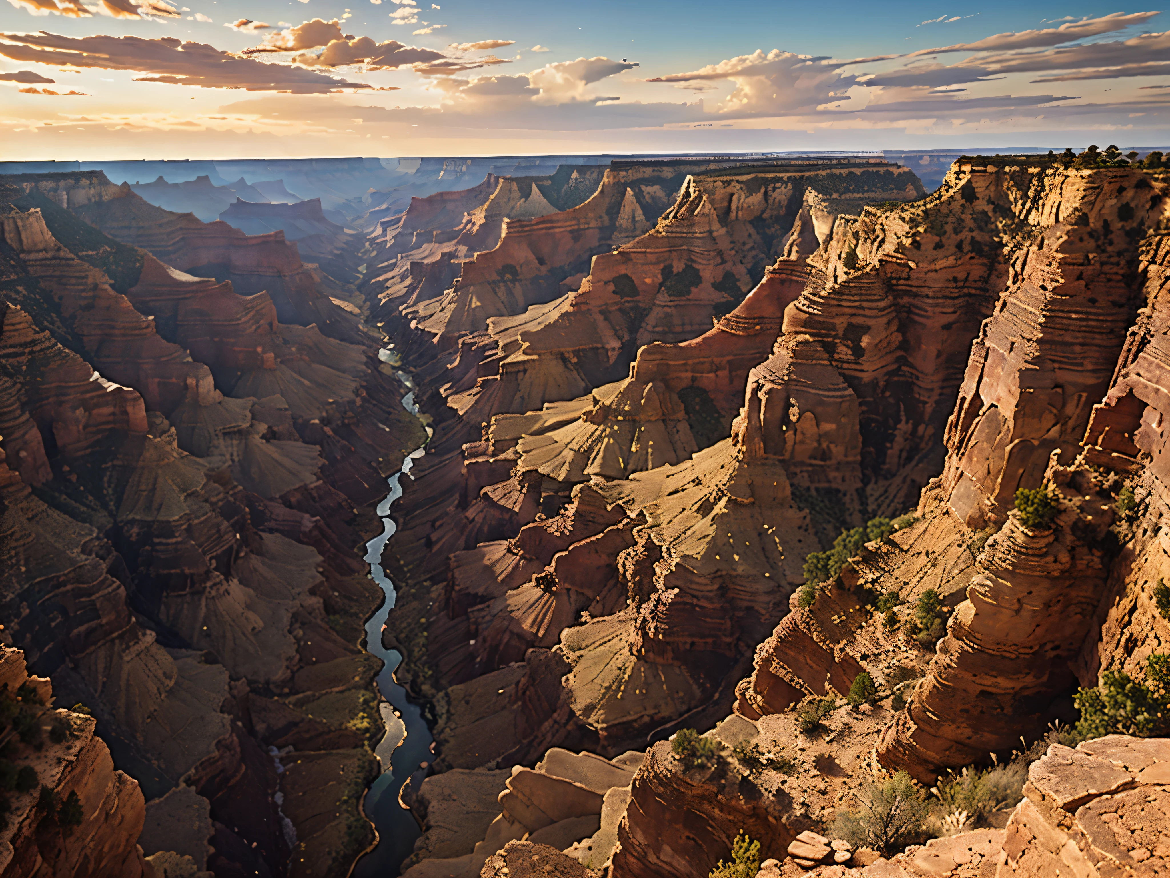 The vast Grand Canyon in the USA, a stunning marvel of nature with towering cliffs and a kaleidoscope of hues. This breathtaking landscape is depicted in a masterfully captured photograph. The intricate layers of sedimentary rock appear as rich tapestries in shades of crimson, ochre, and gold. The immensity of the canyon is beautifully highlighted, showcasing the grandeur and complexity of this natural wonder. This high-quality image exudes a sense of awe and wonder, inviting viewers to immerse themselves in the beauty of the Grand Canyon.