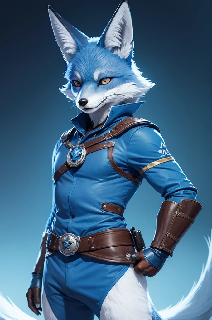Drawing of an anthropomorphic blue fox wearing a captain's uniform, glasses and cap