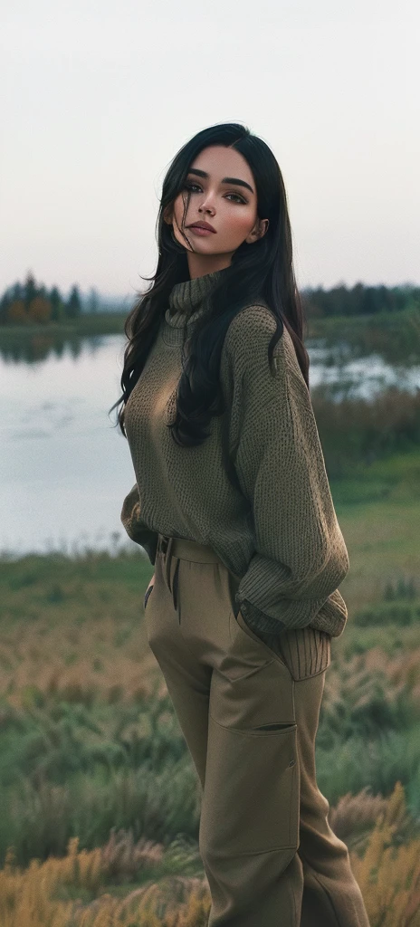 Arav woman in sweater and pants standing in the field, Brown sweater, Center Image, 🍂 Lovely, Brown clothes, Female Model, Clothing photos, Earthy tones, author：Kristen Dalsgaard, Wearing a casual sweater, Standing on the grass, from me, Beautiful images, victoria siemer, subtle Earthy tones, author：Emma Andijewska