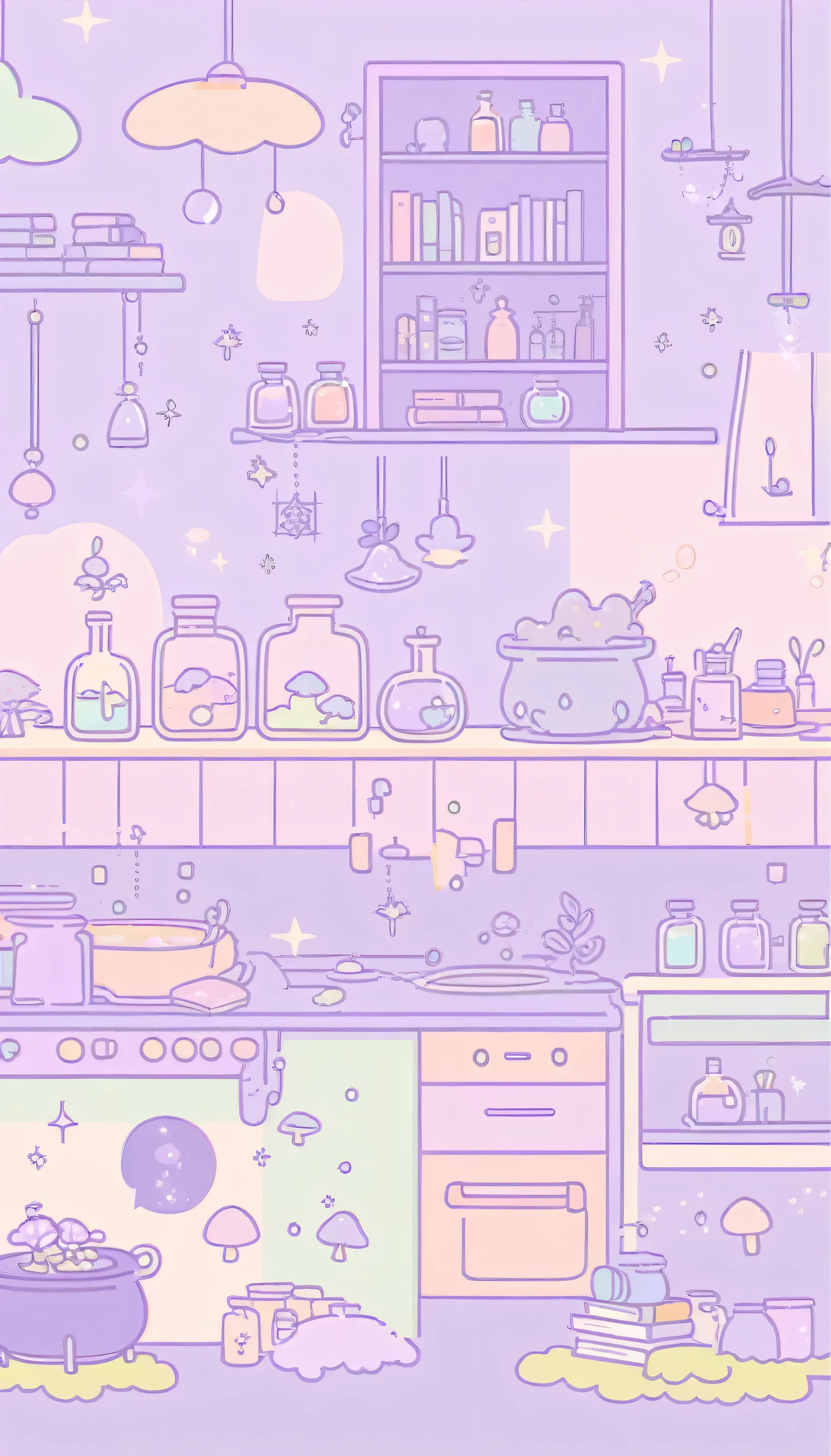 cute, witchy, kitchen, with bubbling cauldron, light colors, pastel colors, potions, books, magical mushrooms