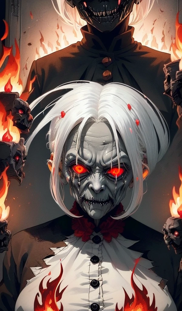 (Anime style:1.5), (highly detailed), (1 sinister and creepy old woman with white hair and red eyes, burning in flames:1.7), (vibrant flames defeating the evil force:1.7), (dark and twisted interior of the candy house), (ominous atmosphere with fire lighting), (walls made of gingerbread and candy), (sweets and treats all around)