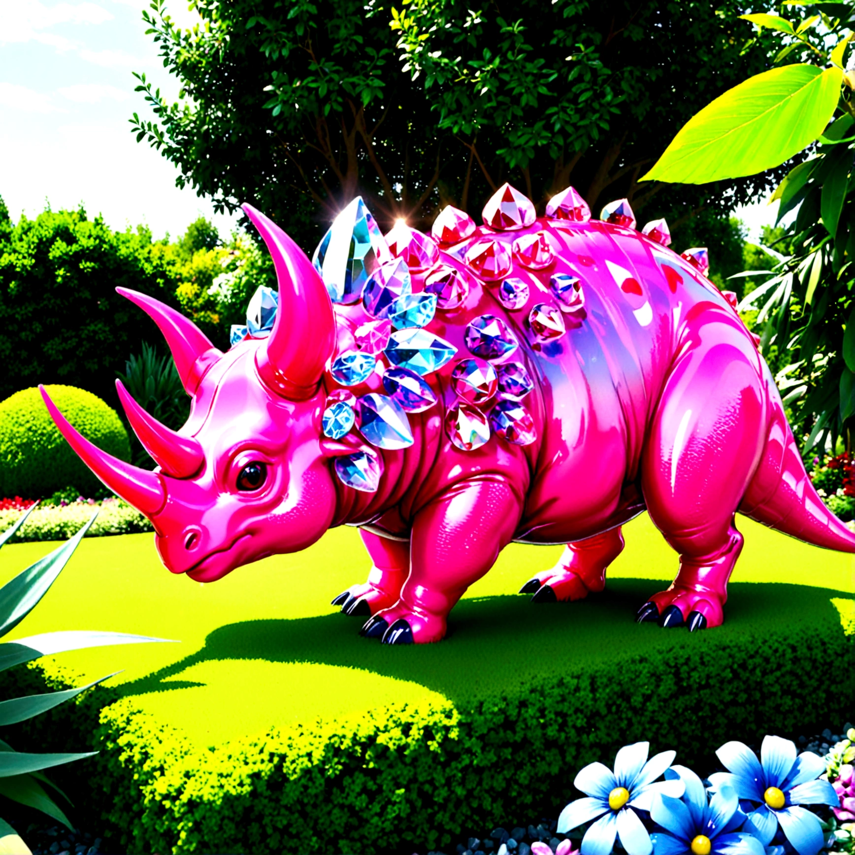a crystal and glass triceratops sculpture, stunning crystal and glass triceratops ornament in a flower garden, beautiful pink crystal triceratops, highly detailed crystal and glass triceratops figurine, intricate crystal and glass triceratops sculpture in a lush garden, photorealistic crystal and glass triceratops ornament, hyper detailed pink crystal and glass triceratops, masterful crystal and glass triceratops art piece, stunningly realistic crystal and glass triceratops statue, exquisite pink crystal and glass triceratops ornament in a flower garden