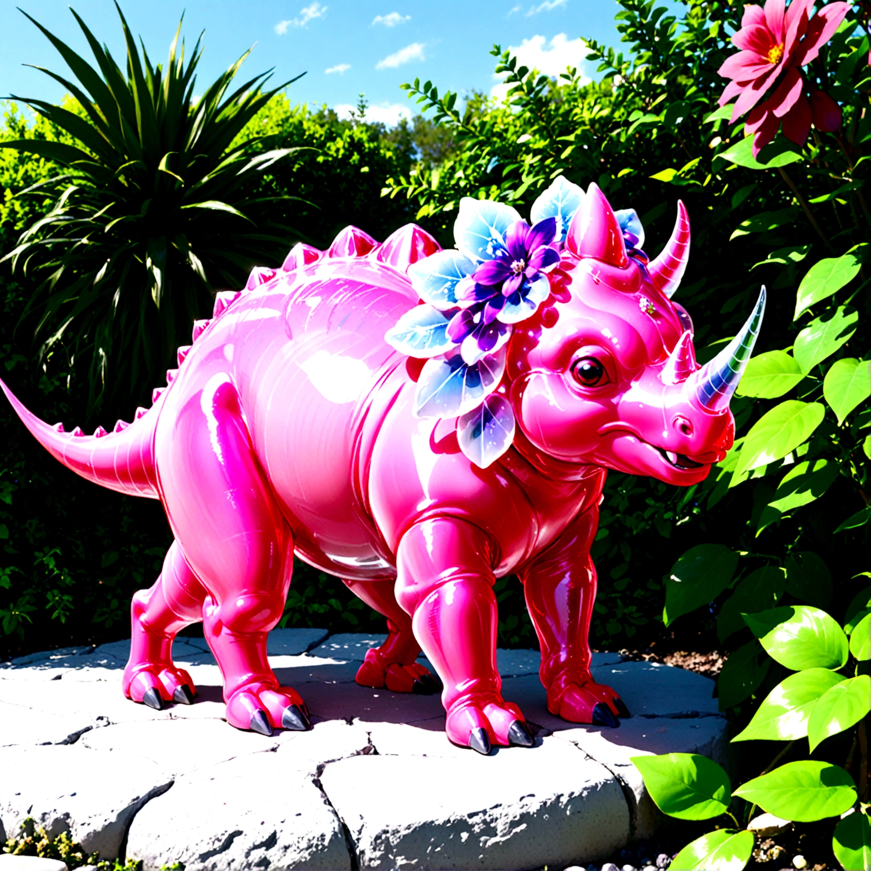 a crystal and glass triceratops sculpture, stunning crystal and glass triceratops ornament in a flower garden, beautiful pink crystal triceratops, highly detailed crystal and glass triceratops figurine, intricate crystal and glass triceratops sculpture in a lush garden, photorealistic crystal and glass triceratops ornament, hyper detailed pink crystal and glass triceratops, masterful crystal and glass triceratops art piece, stunningly realistic crystal and glass triceratops statue, exquisite pink crystal and glass triceratops ornament in a flower garden