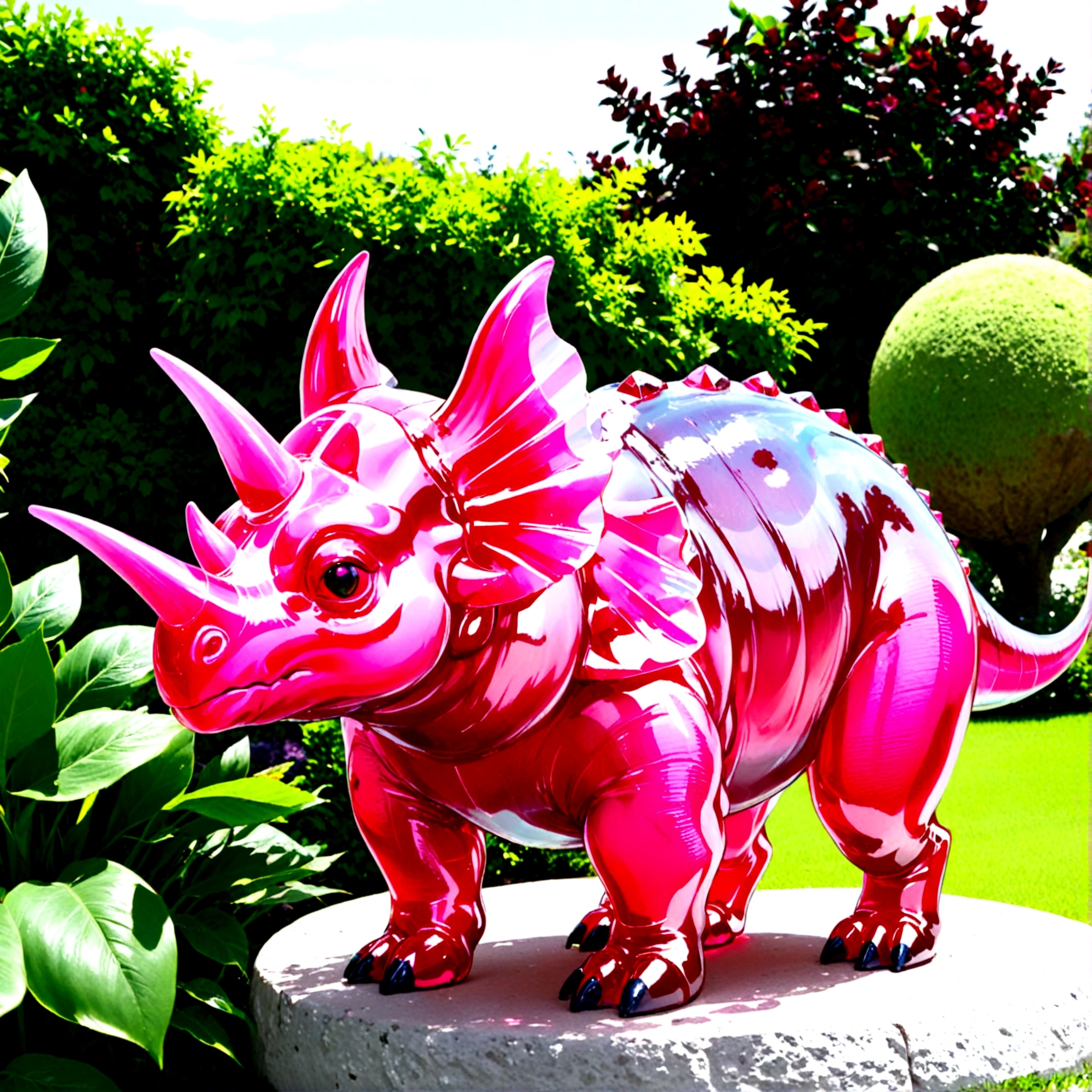 a crystal and glass triceratops sculpture, stunning crystal and glass triceratops ornament in a flower garden, beautiful pink crystal triceratops, highly detailed crystal and glass triceratops figurine, intricate crystal and glass triceratops sculpture in a lush garden, photorealistic crystal and glass triceratops ornament, hyper detailed pink crystal and glass triceratops, masterful crystal and glass triceratops art piece, stunningly realistic crystal and glass triceratops statue, exquisite pink crystal and glass triceratops ornament in a flower garden

