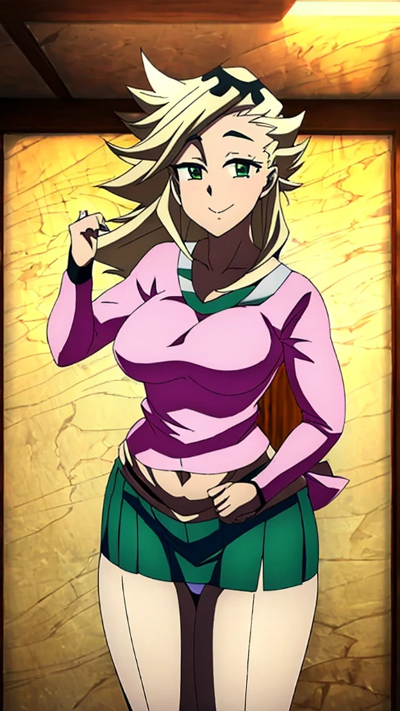 In anime A college girl Sexy young beautiful attractive beautiful popular yellow hair long manchon forehead pink bow her green eye dresses white blouse tied knot put green bow chest shows navel curve wide sexy and her green skirt short black heel
