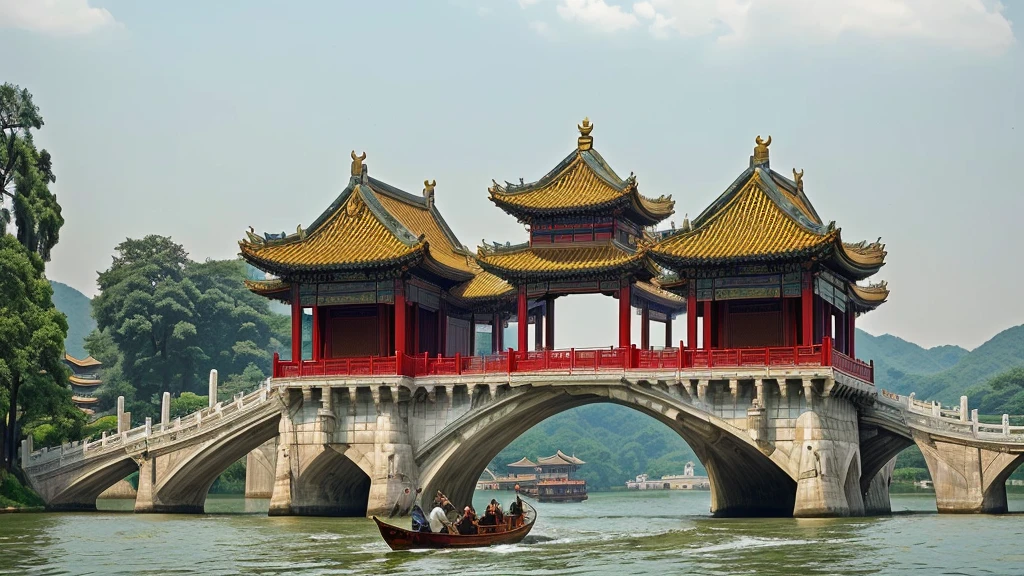 Leonardo da Vinci style, with a boat sailing in the water under the bridge, Chinese architecture, Chinese buildings, all buildings on the bridge, Hangzhou, Chinese architecture, in line with Chinese aesthetics, Tang Dynasty palace, Chinese tradition, riverside buildings, Chinese palace, Chinese style