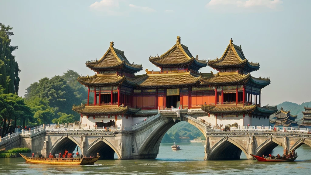 Leonardo da Vinci style, with a boat sailing in the water under the bridge, Chinese architecture, Chinese buildings, all buildings on the bridge, Hangzhou, Chinese architecture, in line with Chinese aesthetics, Tang Dynasty palace, Chinese tradition, riverside buildings, Chinese palace, Chinese style