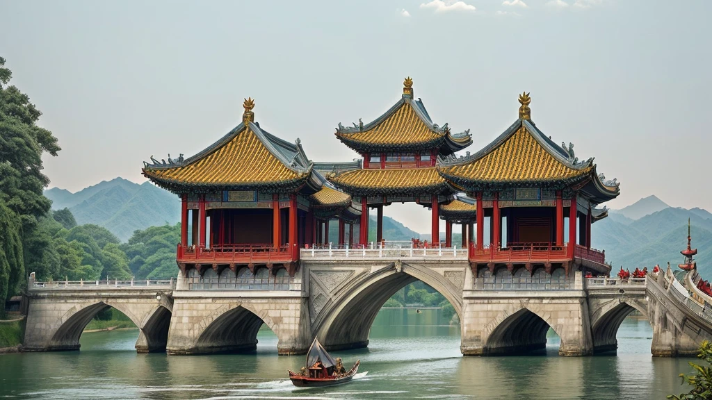 Leonardo da Vinci style, with a boat sailing in the water under the bridge, Chinese architecture, Chinese buildings, all buildings on the bridge, Hangzhou, Chinese architecture, in line with Chinese aesthetics, Tang Dynasty palace, Chinese tradition, riverside buildings, Chinese palace, Chinese style