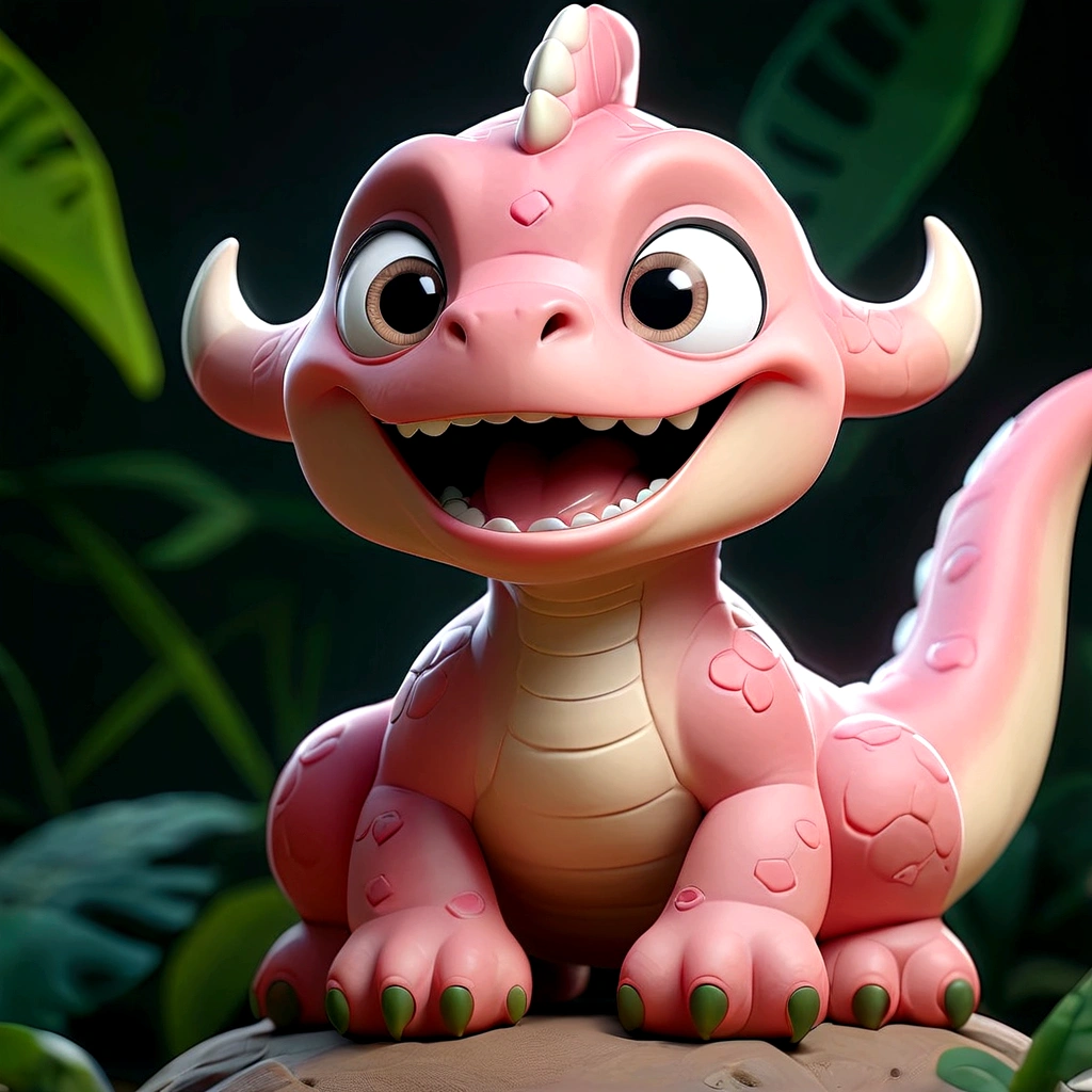 cute baby pink dinosaur cartoon,adorable,smiling,happy expression,whimsical,soft pastel colors,playful,innocent,detailed facial features,big eyes,small horns,chubby cheeks,fluffy skin texture,3d render,8k,highres,masterpiece,photorealistic