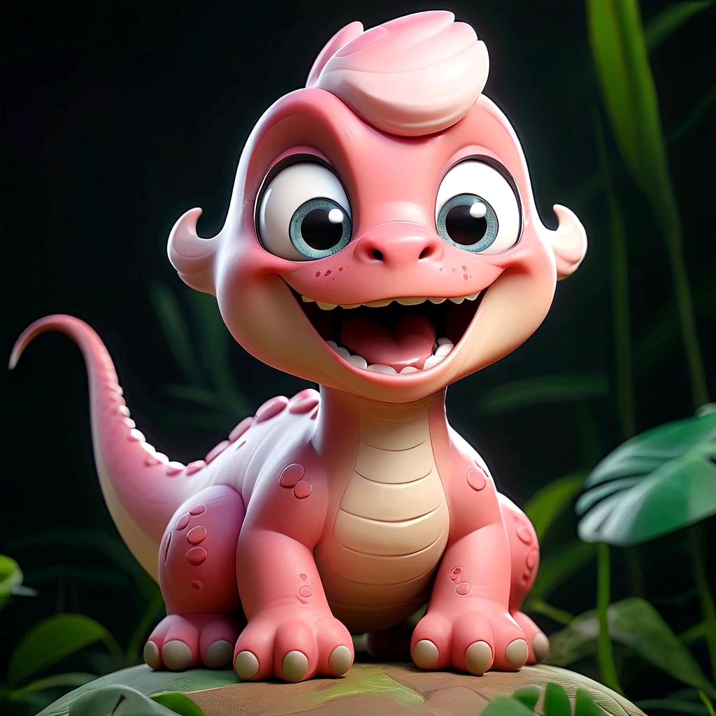 cute pink dinosaur cartoon,adorable,smiling,happy expression,whimsical,soft pastel colors,playful,innocent,detailed facial features,big eyes,small horns,chubby cheeks,fluffy skin texture,3d render,8k,highres,masterpiece,photorealistic