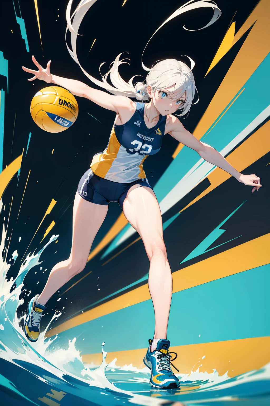 Stylish volleyball logo, Modern and sleek design, Hurricanes named boldly in vibrant, eye-catching font, Incorporating a volleyball into the design, Hurricane symbol resembling a stylized volleyball and overhead smash, Featuring a stylized hurricane eye in the center, Energetic and dynamic use of colors, primarily blue and yellow, Subtle use of white, black, and grey, Highly detailed and intricate design, Best quality, 4K, Detailed shading and texture, 3D render, Emphasis on depth and perspective, Clean and crisp lines, Professional and unique style, Emphasizes the