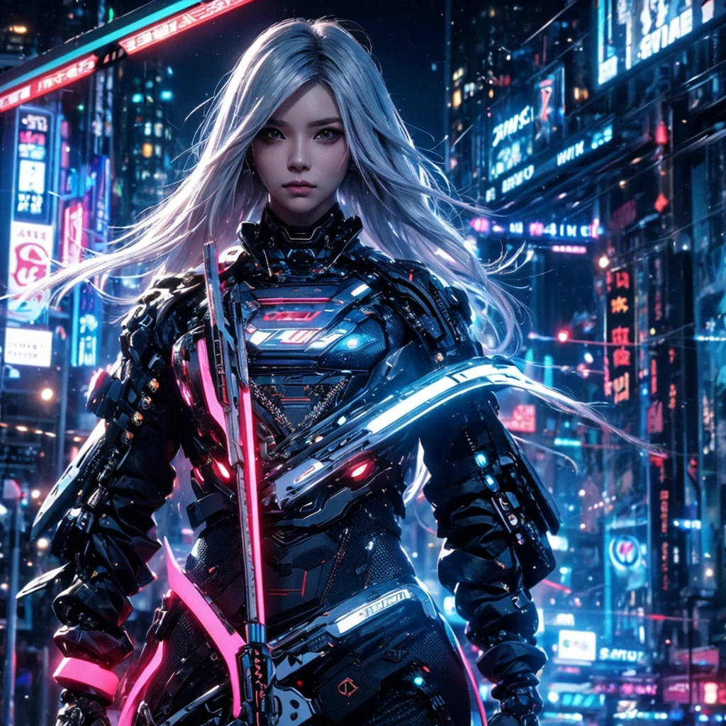 extremely detailed, intricate, cyberpunk style, cinematic composition, vivid colors, vibrant colors, futuristic, antagonist girl, long shiny silver hair, holding an ethereal samurai, best quality, sharp focus, Ultra HD, 4k, 8k, concept art, masterpiece