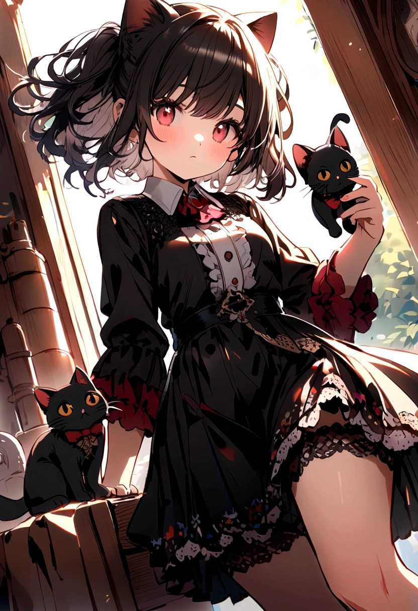 ，（​masterpiece，Highest Quality），Black Lolita Clothes，shortsleeves，a miniskirt，A dark-haired，Black cat