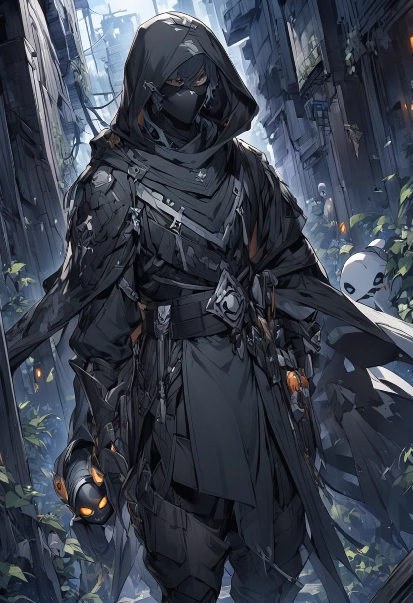 young man ,Male Dark, dark Woods, cold colors, man white hair with blue eye, Warlock dnd , Skeleton army in background