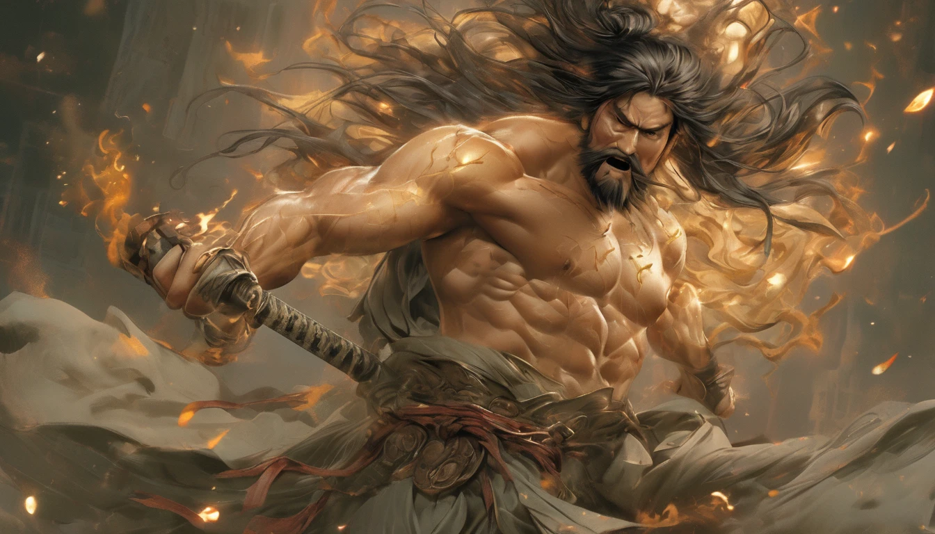 [Realistic], [cinematic], a muscular man doing dynamic movements. The face of the long black-haired figure looks gloomy and calm with a blank look in his eyes, and his body is depicted with dynamic flowing lines, depicting the movements and strength of the drunken god martial arts, the background is an old abandoned temple." 