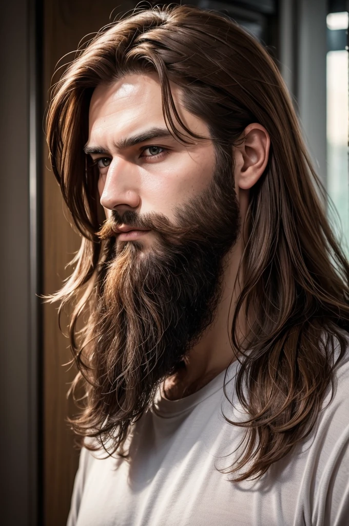 Tall man with light brown hair, metalhead, sem beard