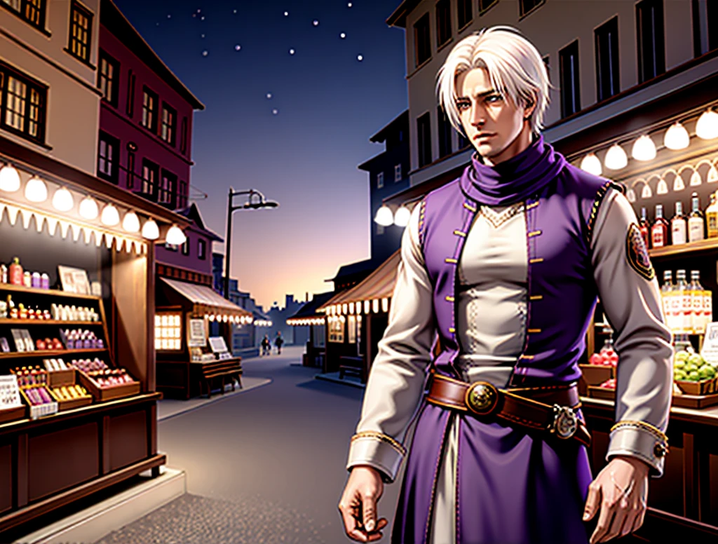 1 male, white hair, handsome, purple eyes, Hat in hand, Moderate breath ,scarf, market background, medicine stall, Trial bottle, light particles, Magical light, daytime, beautiful city