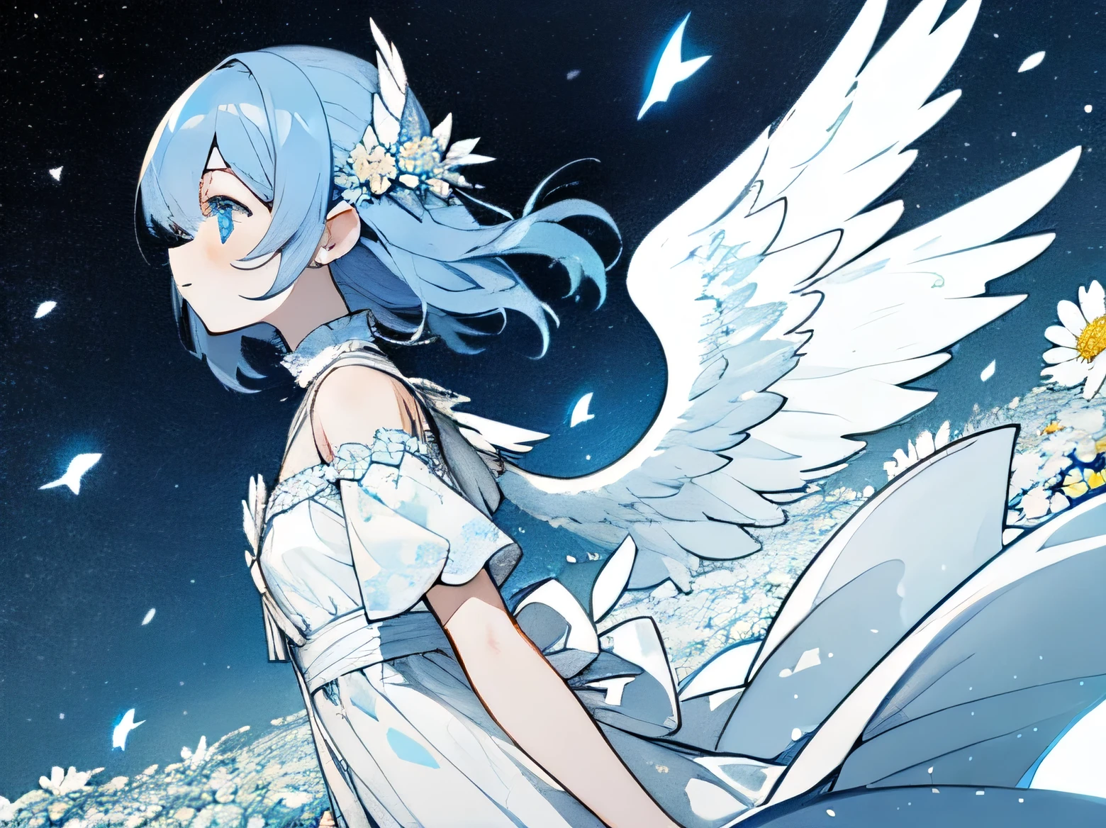 Starry night sea、Profile of a blue girl in a white dress with white flower decoration and blue inner collar、Misha、Hair above one eye、Nervous、From directly below、Low - Angle、Angel Wings Bust Up