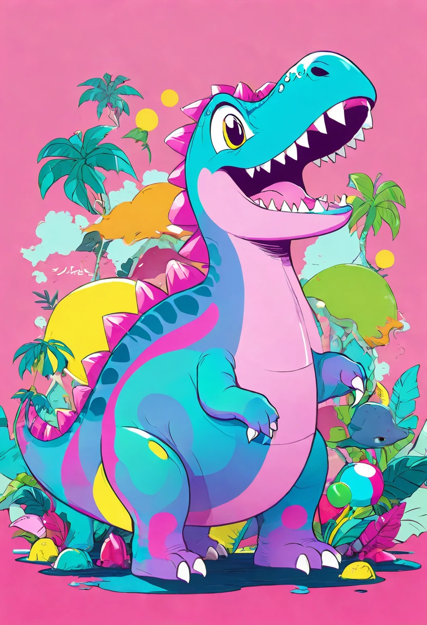 Pink Dinosaur、Pop Art Style、detailed、3D Rendering、Bright colors、Dynamic configuration、comics、cute、Whimsical、Playfulness、Humorous、Digital Painting、colorful、Dynamic pose、Gloss、Plastic texture、Gloss仕上げ、Bright lighting、Pastel Palette、Bold colors、Flat Shading、Simplified shape、Exaggerated features、Expressive eyes、smile、fun、Peculiar、Imaginative、Dynamic Movement、Creative、Fantasy、Surreal