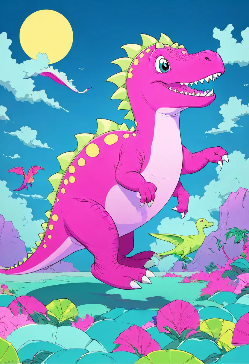 Pink Dinosaur、Pop Art Style、detailed、3D Rendering、Bright colors、Dynamic configuration、comics、cute、Whimsical、Playfulness、Humorous、Digital Painting、colorful、Dynamic pose、Gloss、Plastic texture、Gloss仕上げ、Bright lighting、Pastel Palette、Bold colors、Flat Shading、Simplified shape、Exaggerated features、Expressive eyes、smile、fun、Peculiar、Imaginative、Dynamic Movement、Creative、Fantasy、Surreal