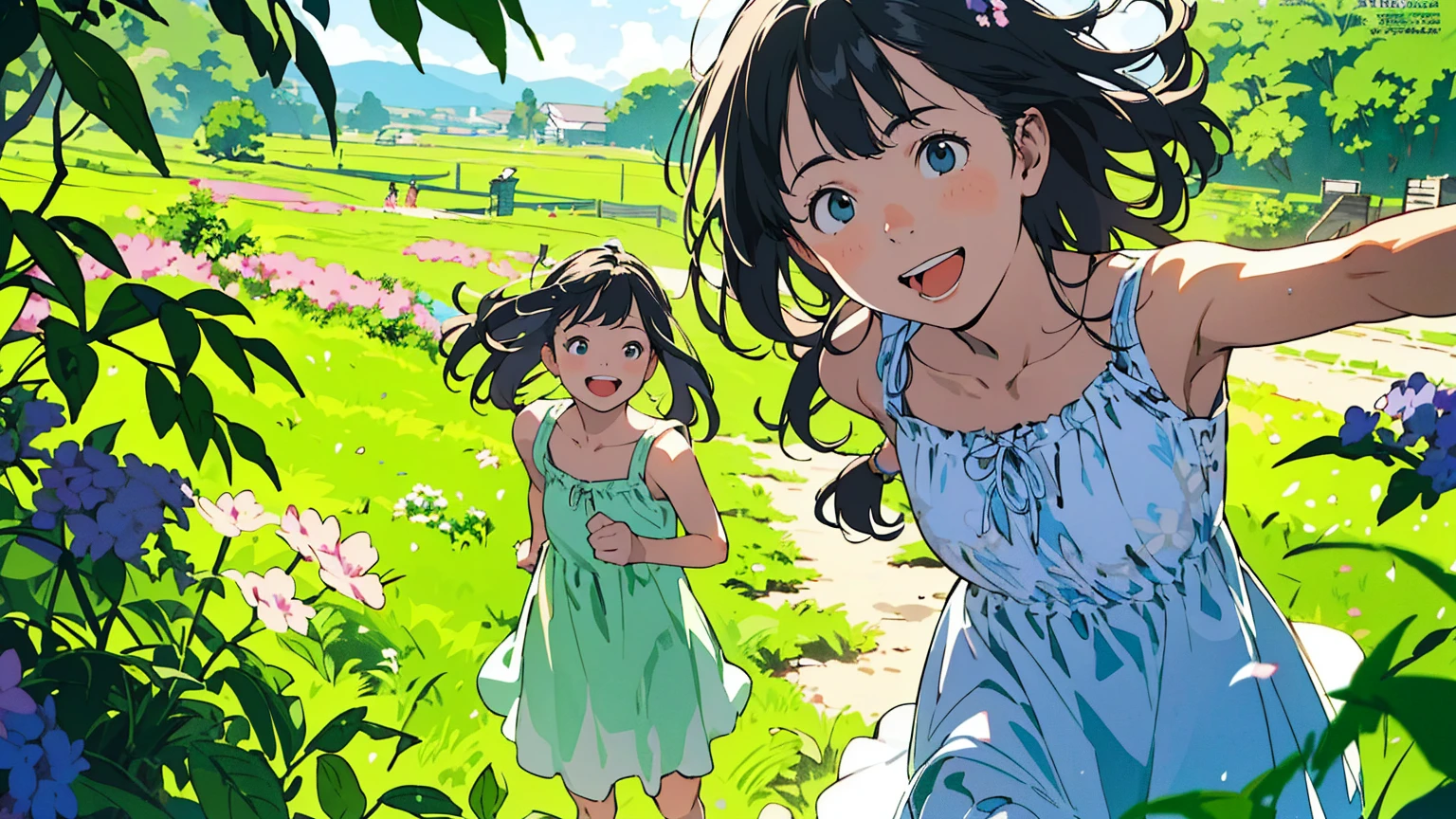 Reasonable design, Clear lines, High Sharpness, (Highest quality,8K,Perfect sharpness,Ultra fine,High resolution,masterpiece:1.2), Perfect Anatomy:1.5, Official Art, Illustrations that tell a story, (Whitish background:0. 9)、Body Positivity、多Mr.な身体表現、(Random and energetic poses)、Perfect beauty、Perfect beautiful face、Strong winds、A rich expression、Dynamic composition、smile、Golden ratio composition、colorful、((Mr.々Different angles and perspectives))、Anime Art、(Mini dress)、(Overcoming stereotypes)、 Glowing Skin、(Natural beauty)、smile、Bangs、(Soft and flowing hair)、(countryside)、(Nostalgic atmosphere)、Put up to your feet、(Playful and carefree)、(多Mr.な民族のキャラクター)、(innocent attitude)、(Sunny atmosphere)、(The skirt flutters wildly in the wind)、(Bright colors)、Beautiful Eyes、(Embarrassing)、Braided Hair、Summer Scene、Smiling among flowers、Side angle、