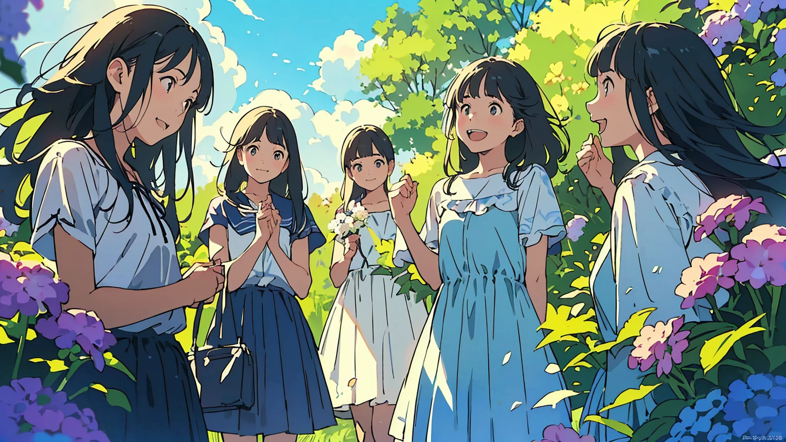 Reasonable design, Clear lines, High Sharpness, (Highest quality,8K,Perfect sharpness,Ultra fine,High resolution,masterpiece:1.2), Perfect Anatomy:1.5, Official Art, Illustrations that tell a story, (Whitish background:0. 9）、Body Positivity、多Mr.な身体表現、（Random and energetic poses）、Perfect beauty、Perfect beautiful face、Strong winds、A rich expression、Dynamic composition、smile、Golden ratio composition、colorful、（(Mr.々Different angles and perspectives)）、Anime Art、(Mini dress)、（Overcoming stereotypes）、 Glowing Skin、（Natural beauty）、smile、Bangs、（Soft and flowing hair）、（countryside）、（Nostalgic atmosphere）、Put up to your feet、（Playful and carefree）、（多Mr.な民族のキャラクター）、（innocent attitude）、（Sunny atmosphere）、(The skirt flutters wildly in the wind)、（Bright colors）、Beautiful Eyes、(Embarrassing)、Braided Hair、Summer Scene、Smiling among flowers、Side angle、