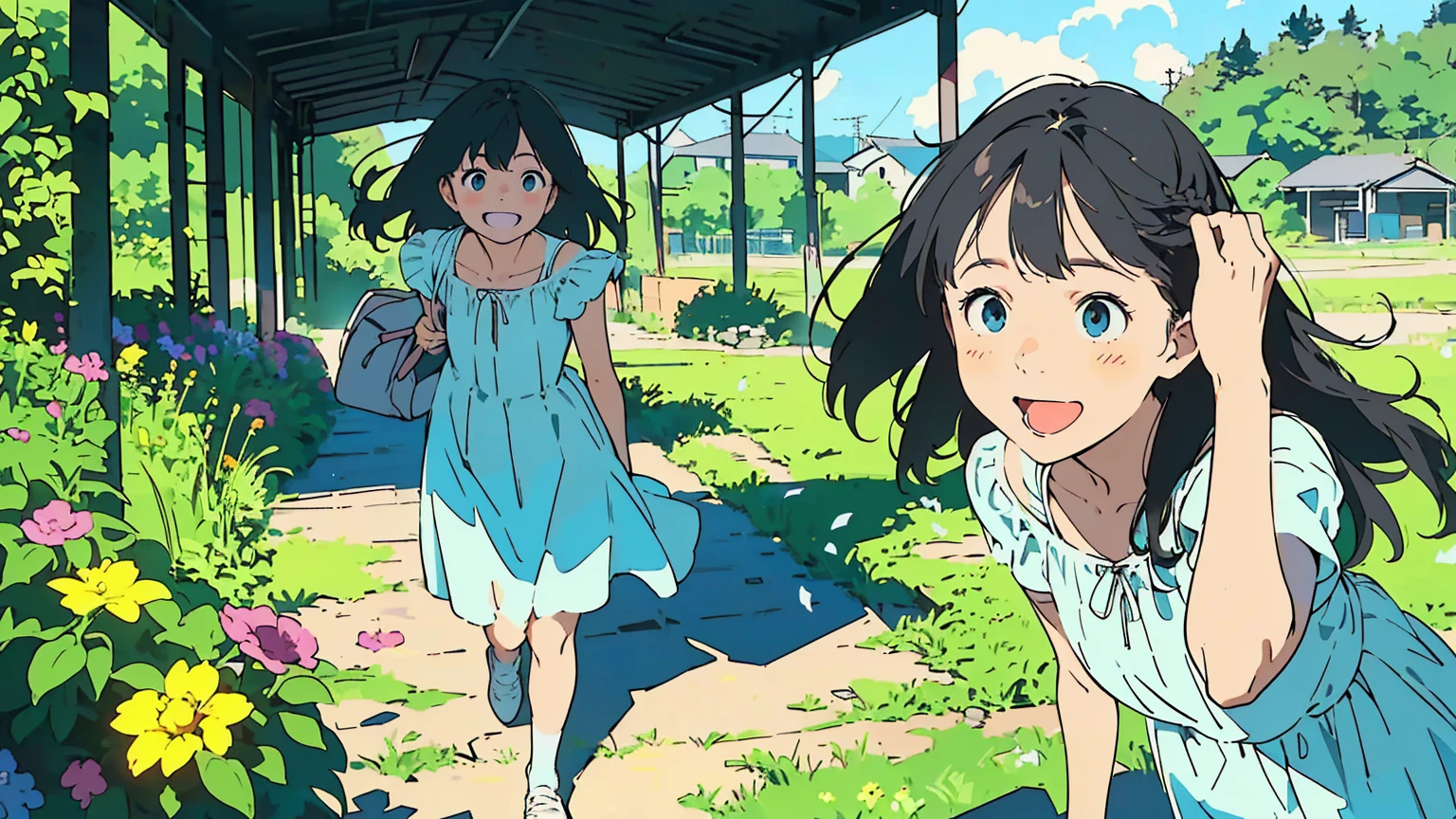 Reasonable design, Clear lines, High Sharpness, (Highest quality,8K,Perfect sharpness,Ultra fine,High resolution,masterpiece:1.2), Perfect Anatomy:1.5, Official Art, Illustrations that tell a story, (Whitish background:0. 9）、Body Positivity、多Mr.な身体表現、（Random and energetic poses）、Perfect beauty、Perfect beautiful face、Strong winds、A rich expression、Dynamic composition、smile、Golden ratio composition、colorful、（(Mr.々Different angles and perspectives)）、Anime Art、(Mini dress)、（Overcoming stereotypes）、 Glowing Skin、（Natural beauty）、smile、Bangs、（Soft and flowing hair）、（countryside）、（Nostalgic atmosphere）、Put up to your feet、（Playful and carefree）、（多Mr.な民族のキャラクター）、（innocent attitude）、（Sunny atmosphere）、(The skirt flutters wildly in the wind)、（Bright colors）、Beautiful Eyes、(Embarrassing)、Braided Hair、Summer Scene、Smiling among flowers、Side angle、