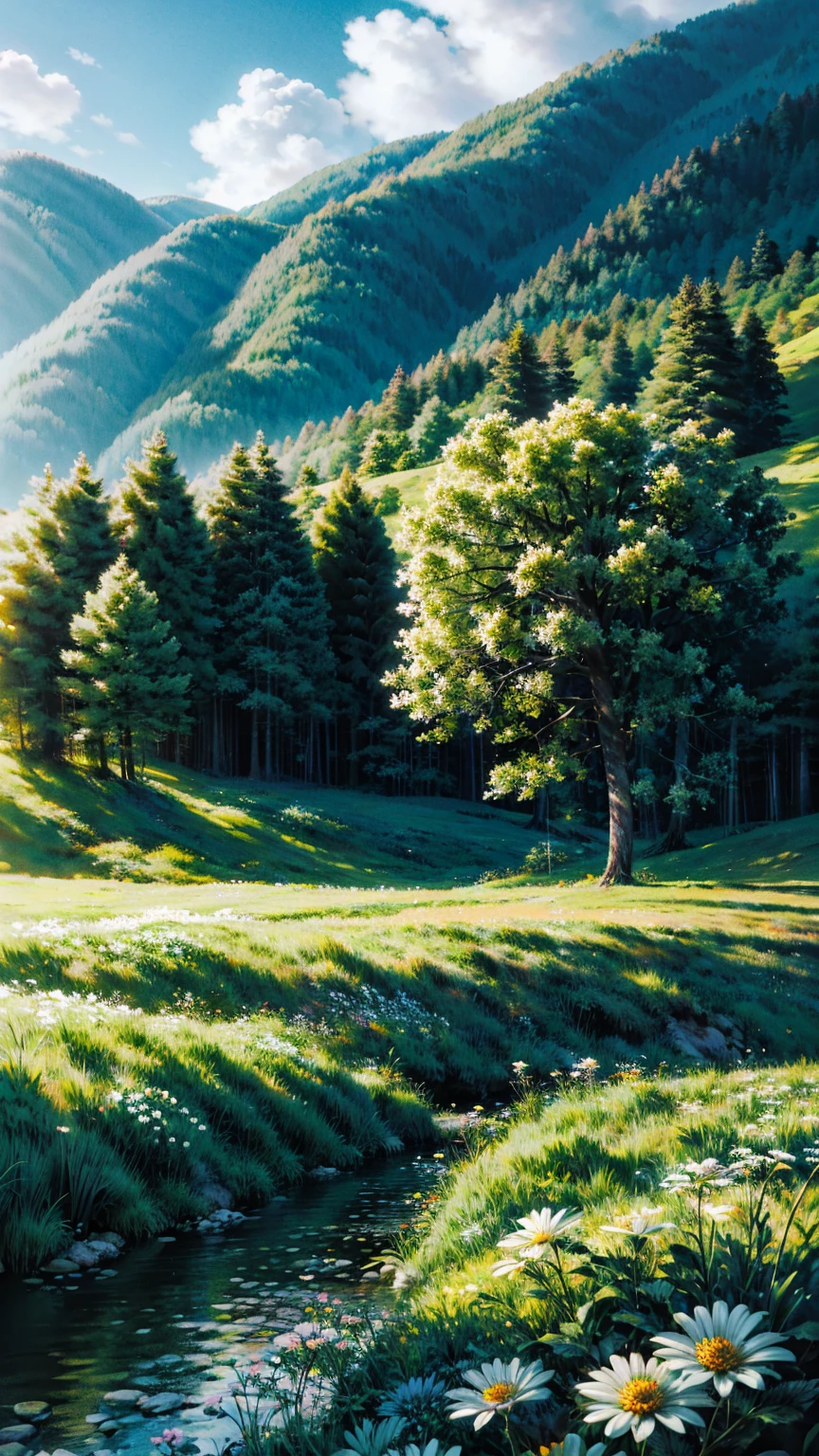sunny,White Cloud,The ground is full of white chrysanthemums,forest,sun,Beautiful scenery,4K