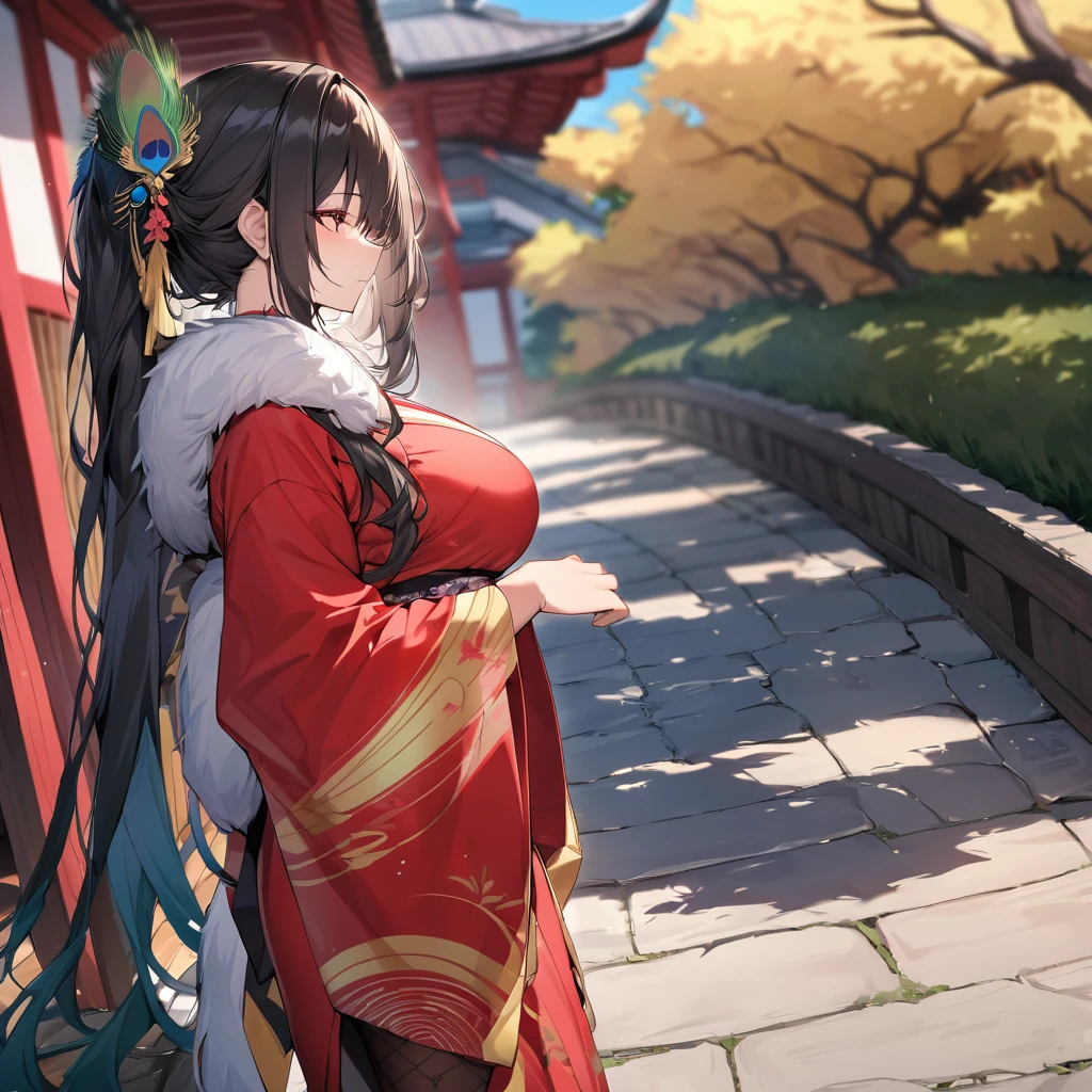 A woman wearing a red kimono with yellow details on long sleeves, peacock designs on the kimono, peacock feathers on the kimono, long brown stockings, black hair, long hair, golden peacock feather in her hair, red eyes, close view,blue sky with clouds., walking on a concrete sidewalk of a Japanese garden, with peacocks around, white fur cape, big breasts,(solo woman),.HDR, ultra resolution, well defined, masterpiece, 8K HD. (solo woman)