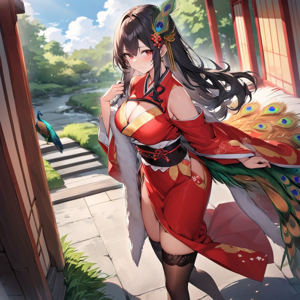A woman wearing a red kimono with yellow details on long sleeves, peacock designs on the kimono, peacock feathers on the kimono, long brown stockings, black hair, long hair, golden peacock feather in her hair, red eyes, close view,blue sky with clouds., walking on a concrete sidewalk of a Japanese garden, with peacocks around, white fur cape, big breasts,(solo woman),.HDR, ultra resolution, well defined, masterpiece, 8K HD. (solo woman)