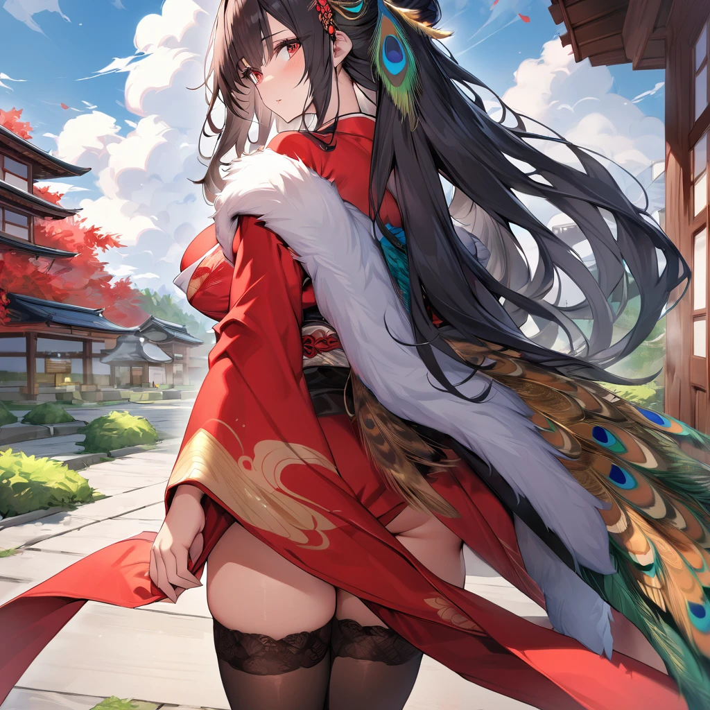 A woman wearing a red kimono with yellow details on long sleeves, peacock designs on the kimono, peacock feathers on the kimono, long brown stockings, black hair, long hair, golden peacock feather in her hair, red eyes, close view,blue sky with clouds., walking on a concrete sidewalk of a Japanese garden, with peacocks around, white fur cape, big breasts,(solo woman),.HDR, ultra resolution, well defined, masterpiece, 8K HD. (solo woman)
