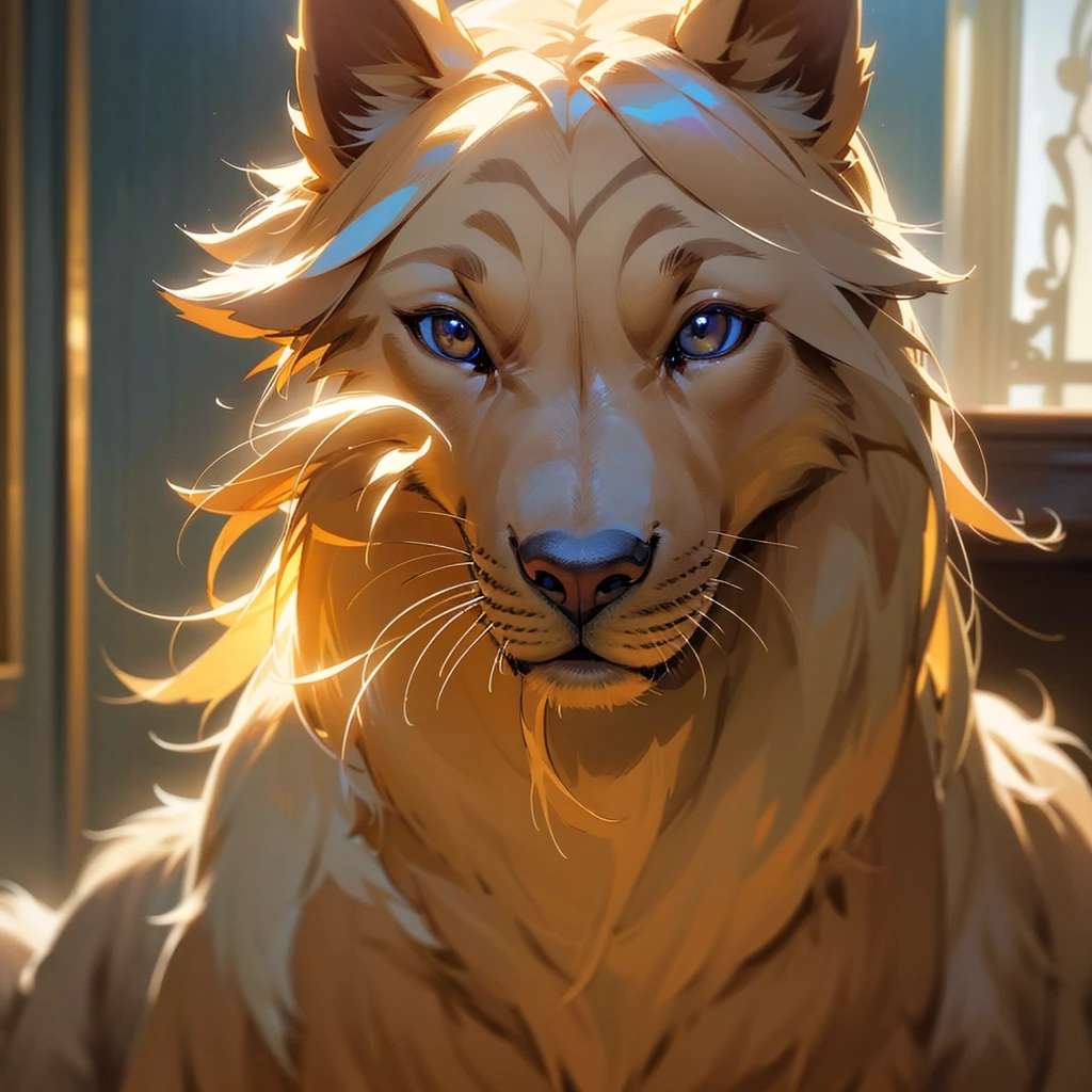 A highly detailed and photorealistic anthropomorphic furry golden retriever dog, beautiful detailed eyes, beautiful detailed nose and mouth, extremely detailed fur, standing up in a indoor environment, (best quality,4k,8k,highres,masterpiece:1.2),ultra-detailed,(realistic,photorealistic,photo-realistic:1.37),intricate details,studio lighting,vivid colors,warm lighting,natural setting,dynamic pose,looking directly at camera, stands tall, full portrait